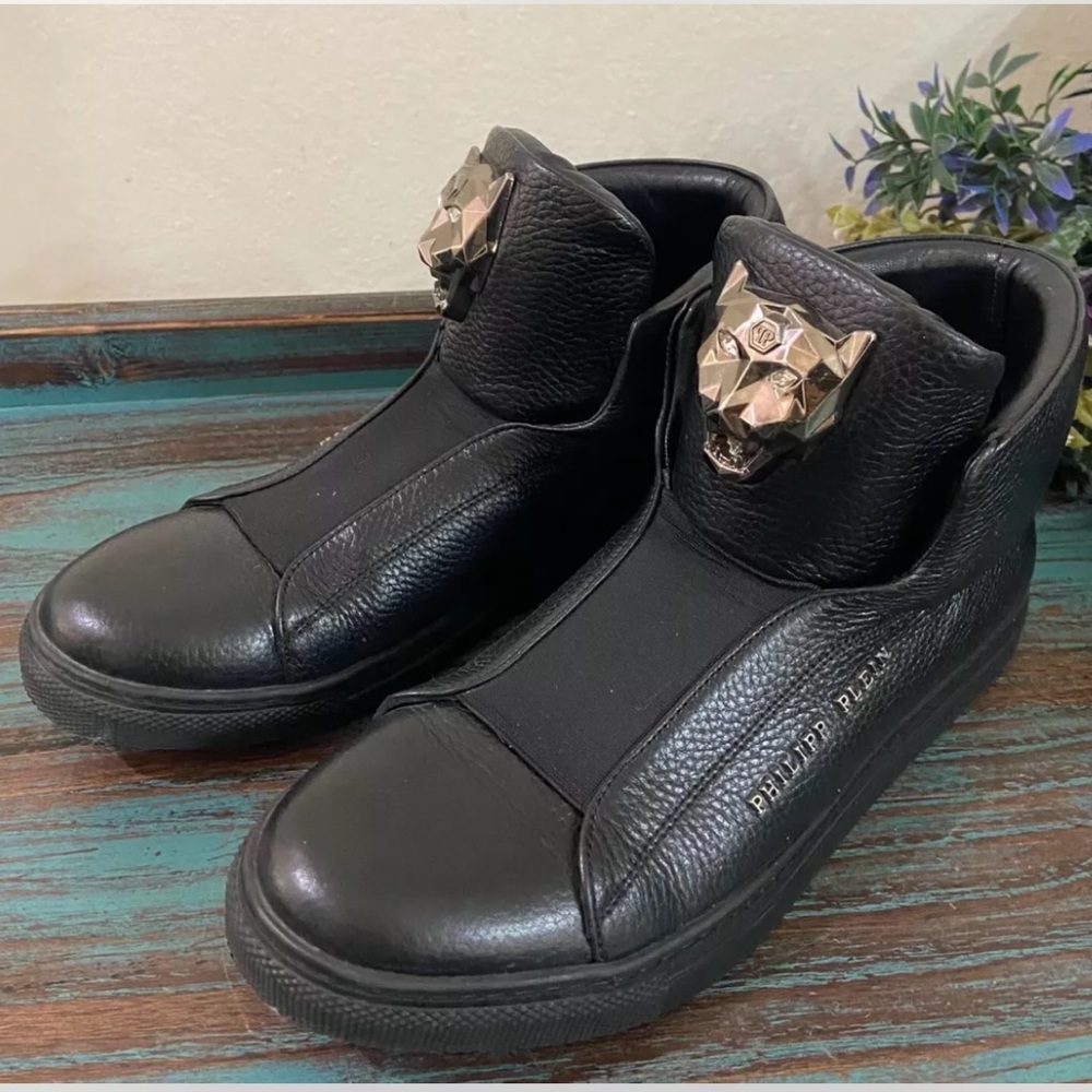 Philipp Plein- Hi-Top Black leather Silver Panther head Slip-on Sneakers